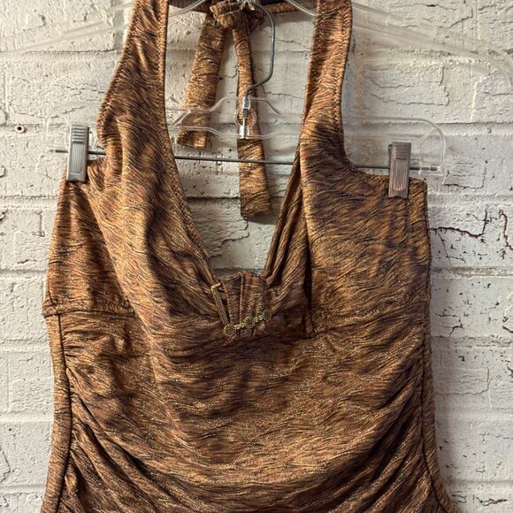 Anne Cole Halter One-Piece Swimsuit 16 | Bronze Metallic Ruched Retro Glam Suit - Picture 2 of 11